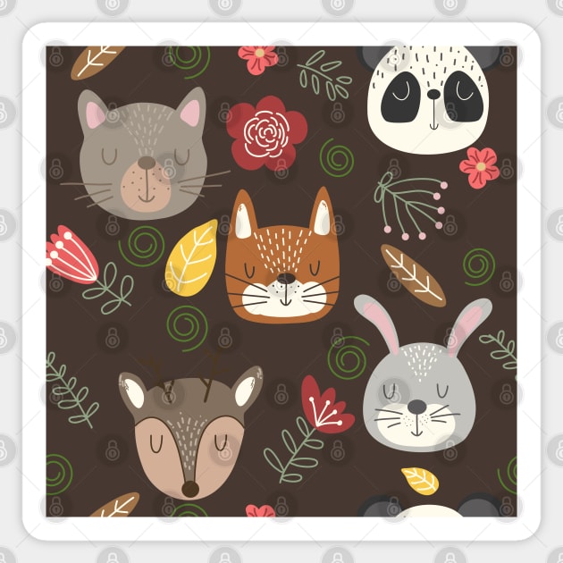 Woodland animals kids pattern brown background Sticker by Arch4Design